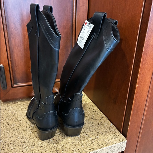 NWT ZARA Black Faux Leather Cowboy Calf Boots Metal Toe Cap - Picture 5 of 9